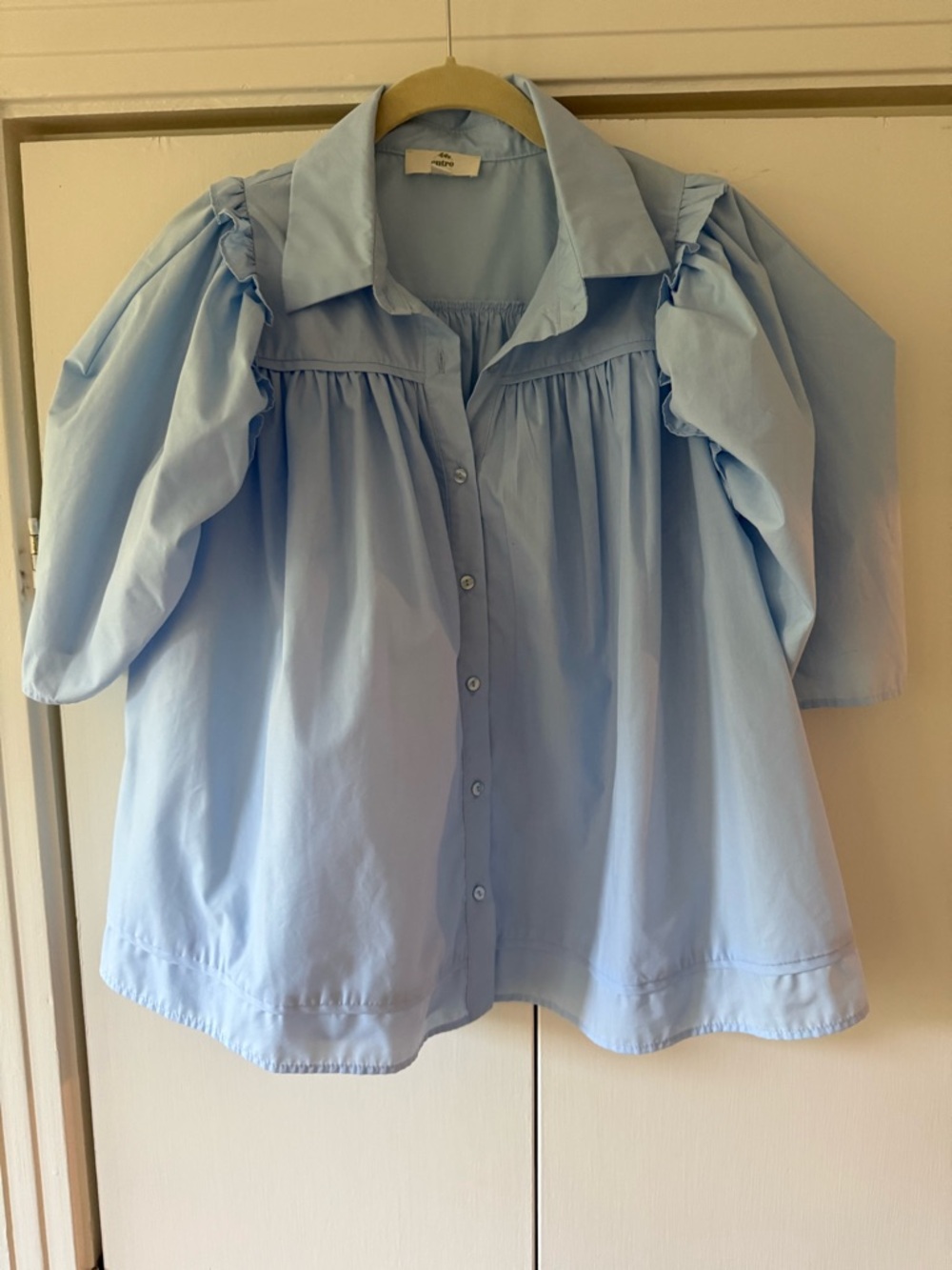 entro Sky Blue Puff-Sleeve Button Front Blouse